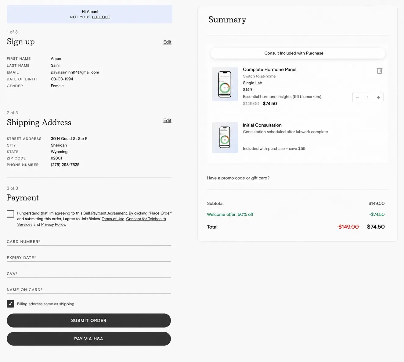 Joi and Blokes checkout page